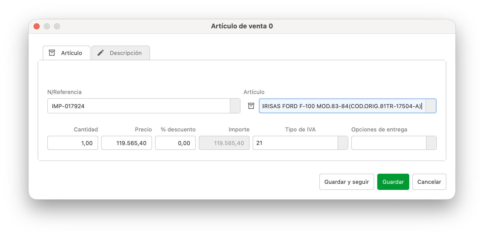 Carga de un artículo